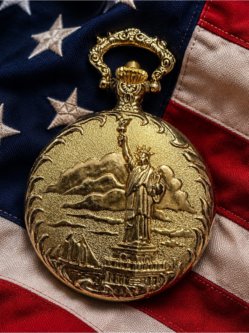 Gold Pocket Watch with Statue of Liberty Design